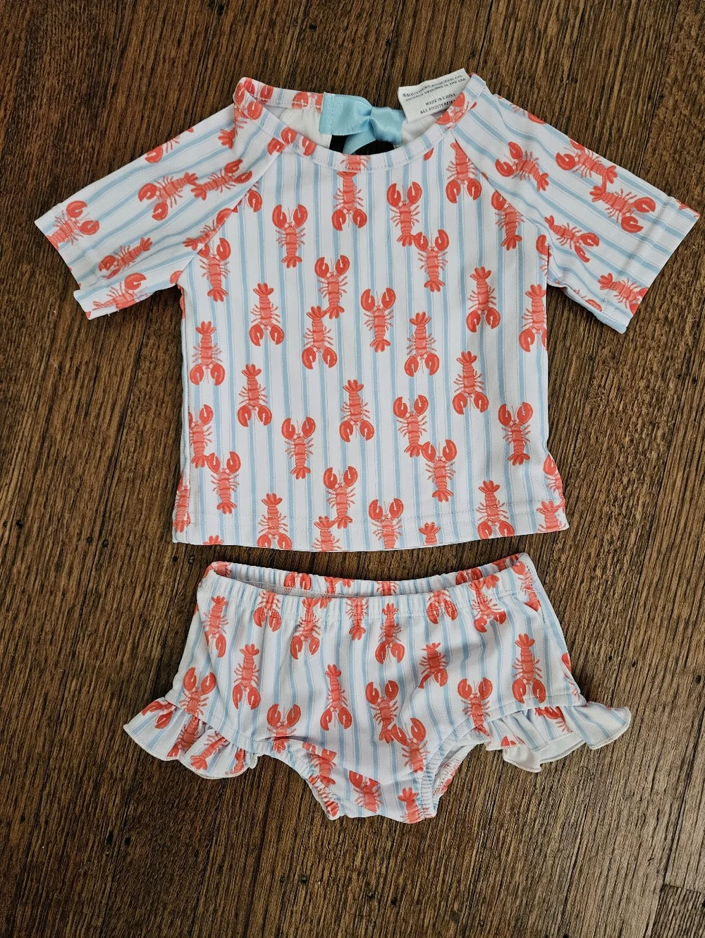 Southern Smocked Company Lobster 2pc Swimsuit Blue/White Stripe 12M
